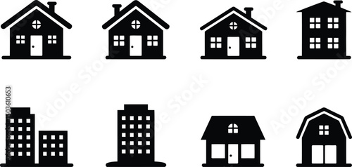 Collection of simple vector icons depicting various types of houses and buildings silhouettes