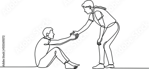 Continuous line drawing of two people helping each other with support and assistance