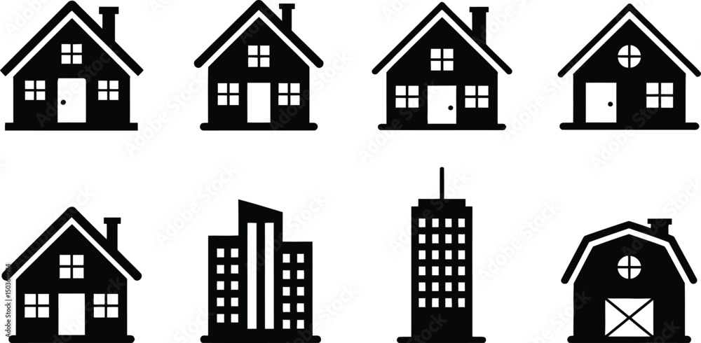 Fototapeta premium Black and white graphic set of various home buildings architecture icons for design projects