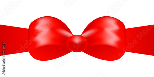 Realistic satin red bow and horizontal ribbon for decorate invitation card or greeting card. Vector illustration isolated on white background