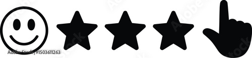 Positive customer feedback icons with smiley face stars and pointing hand representation