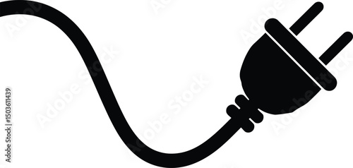 Black and white illustration of a power plug and electrical cord isolated on white background