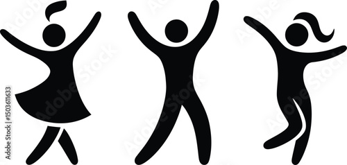 Silhouetted figures celebrating happiness and joy with arms raised high in victory
