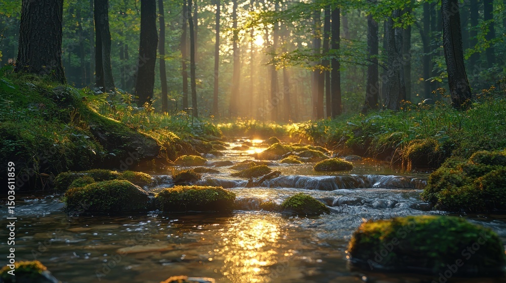 Fototapeta premium Sunlight streams through misty forest, creek flows through rocks