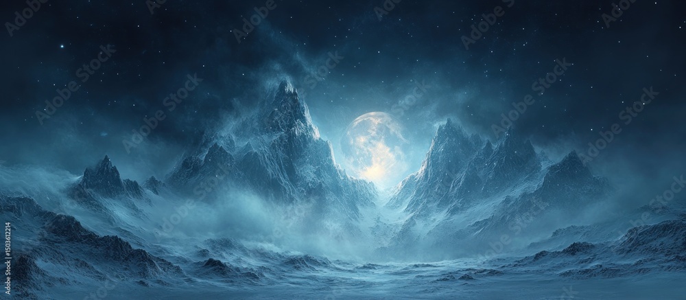 Fototapeta premium Frozen mountain peaks under a luminous moon