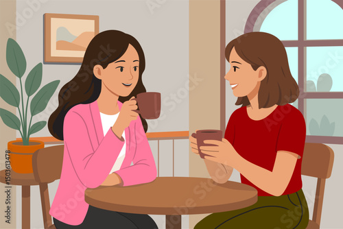 Flat illustration of two women enjoying coffee together in a cozy café. Perfect for concepts of friendship, communication, and modern social lifestyle.