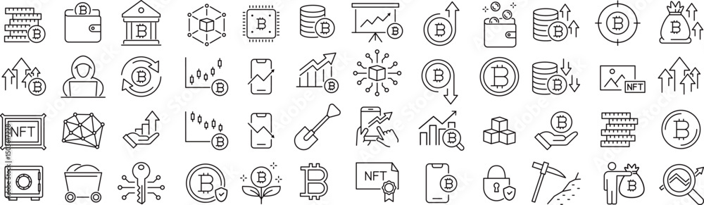 Obraz premium ベクターでモノクロの暗号資産に関する線画アイコンセット