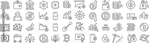 ベクターでモノクロの暗号資産に関する線画アイコンセット
