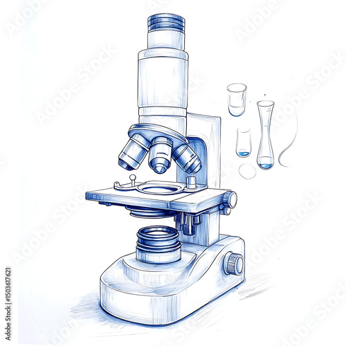Microscope sketch with lab equipment.