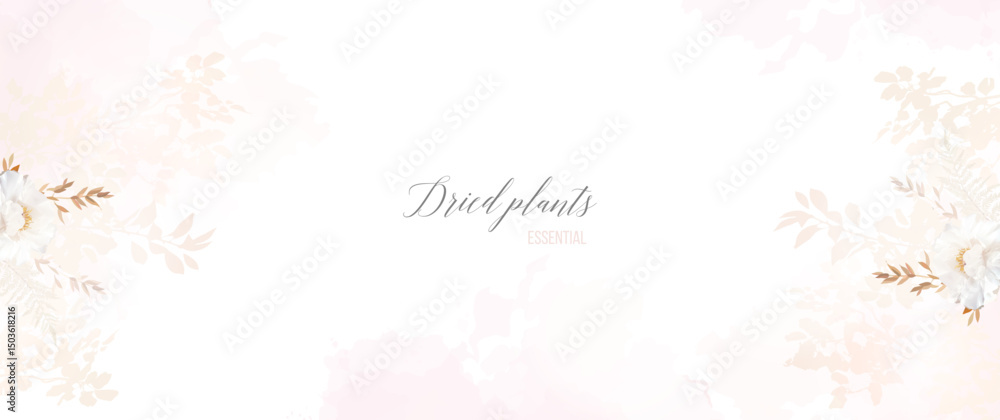 Fototapeta premium Flower and dried plants vector design frame. Wedding watercolor flowers. Dried leaves, fern, peony, pink watercolor texture card. Simple classy banner template. All elements are isolated and editable