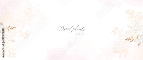 Flower and dried plants vector design frame. Wedding watercolor flowers. Dried leaves, fern, peony, pink watercolor texture card. Simple classy banner template. All elements are isolated and editable