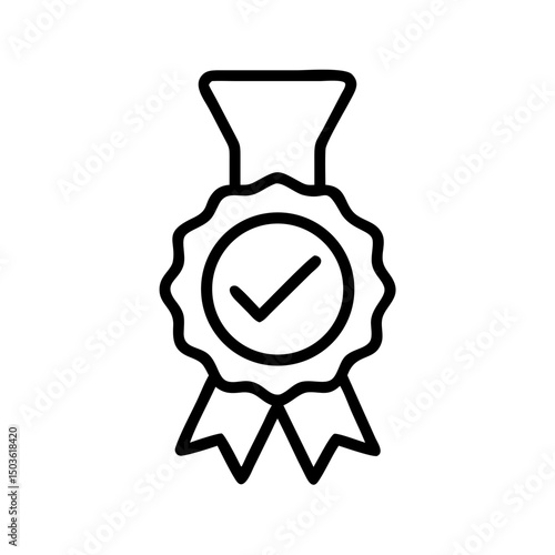Black and white icon of award ribbon with check mark symbolizes achievement and approval