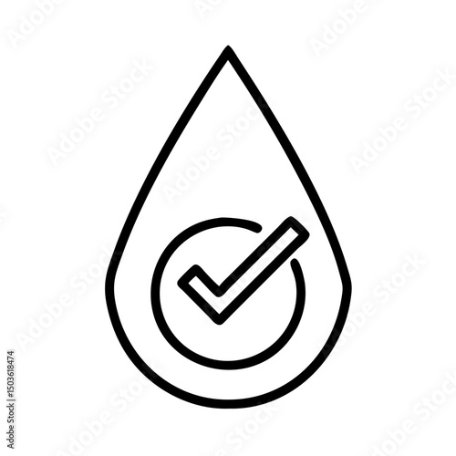 Black outline of water droplet with check mark inside symbolizes water quality assurance