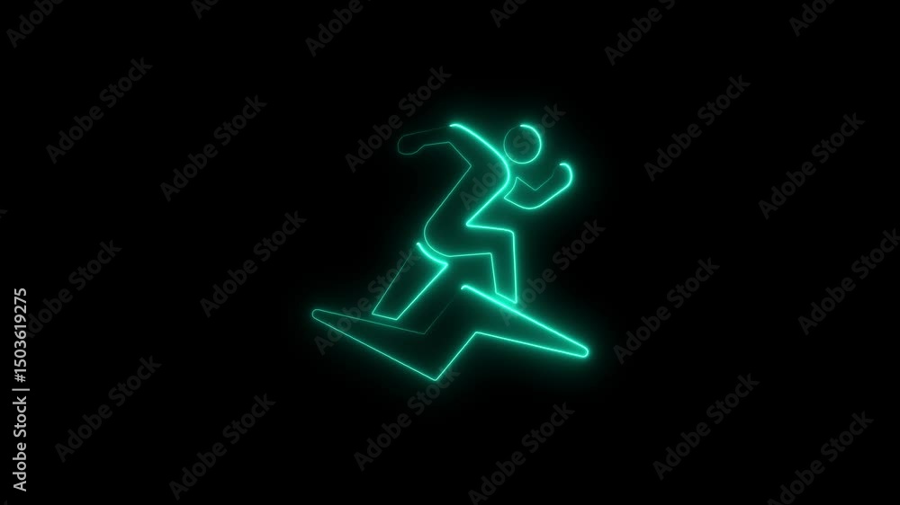 Neon animation of a running person on a lightning bolt shape against black Neon animation of a running person on a lightning bolt shape against black