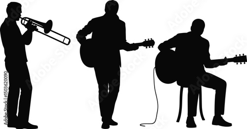 Black silhouette illustrations of musicians playing trombone and acoustic guitars on white background