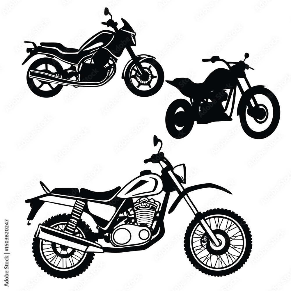 Obraz premium Vector of cruiser, sport bike, dirt bike motorcycle silhouettes