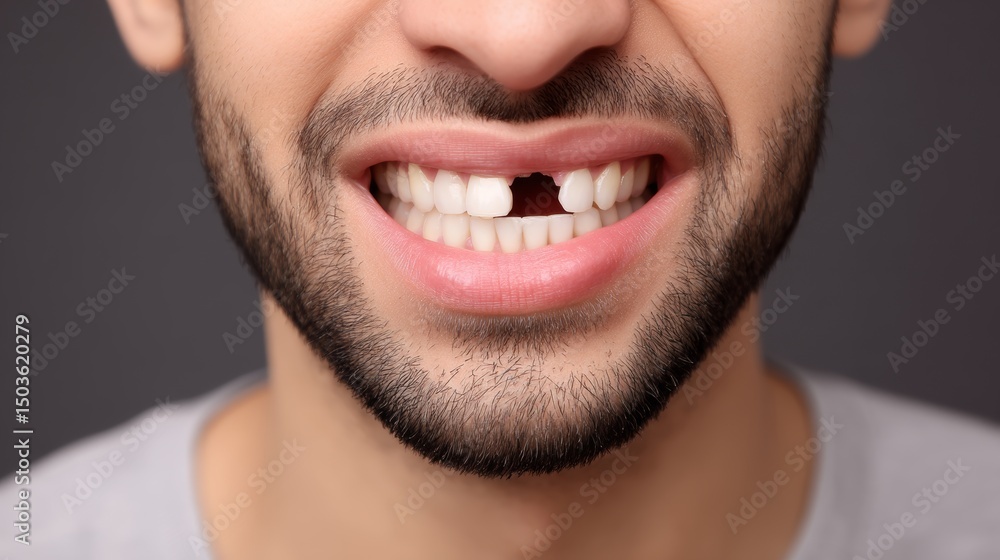 Fototapeta premium Close-up view of human teeth with missing tooth gap during dental examination by male doctor, showing oral health problems, dental loss, hygiene issues, treatment needs, professional checkup concept