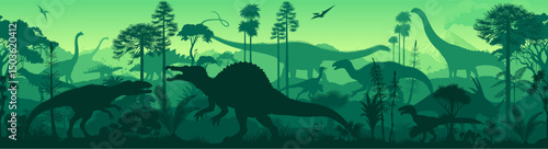 Seamless vector tropical forest with Neovenator, spinosaurus, raptor, Stegosaurus, Gallimimus, Neovenator, styracosaurus, iguanodon, carnotaurus, Patagotitan, Brachiosaurus and pterodactyl