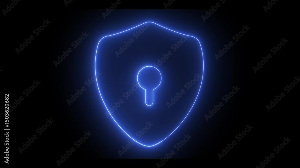 Neon animation of shield icon with lock in the center Neon animation of shield icon with lock in the center