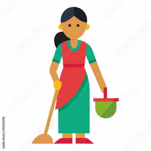 Woman with mop cleaner vector on white background.