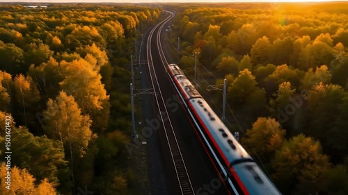 Sunset train animation with red and white locomotive moving through autumn forest landscape