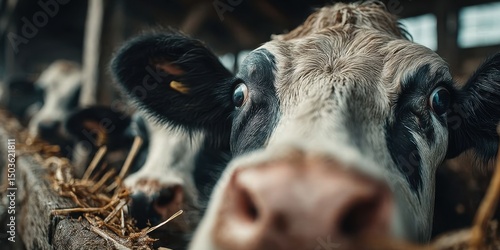 Dairy Cows Feeding from a Trough on a Farm