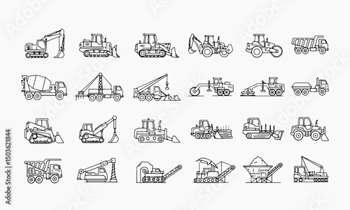 A comprehensive set of thin outline vector icons depicting various types of heavy construction vehicles, industrial machinery, and earthmoving equipment. 