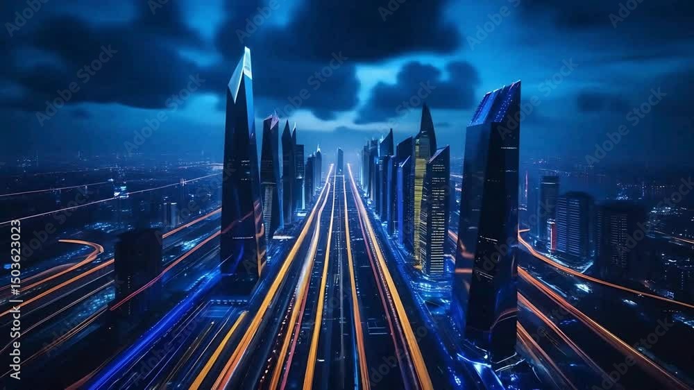 Flying Through Futuristic City at Night with Light Trails Slow Motion Flying Through Futuristic City at Night with Light Trails Slow Motion