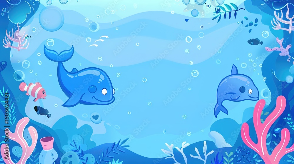 Obraz premium Playful Blue Cartoon Background Posters: Whimsical Illustrations of Sky Blue Fantasies, Marine Adventures, and Retro Comic Themes with Bold Lines, Vibrant Hues, and Whimsical Characters for Kids' Room