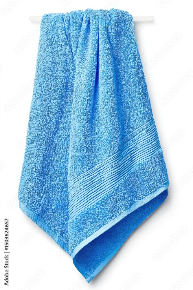 Light blue terry cloth bath towel hanging on a rod.