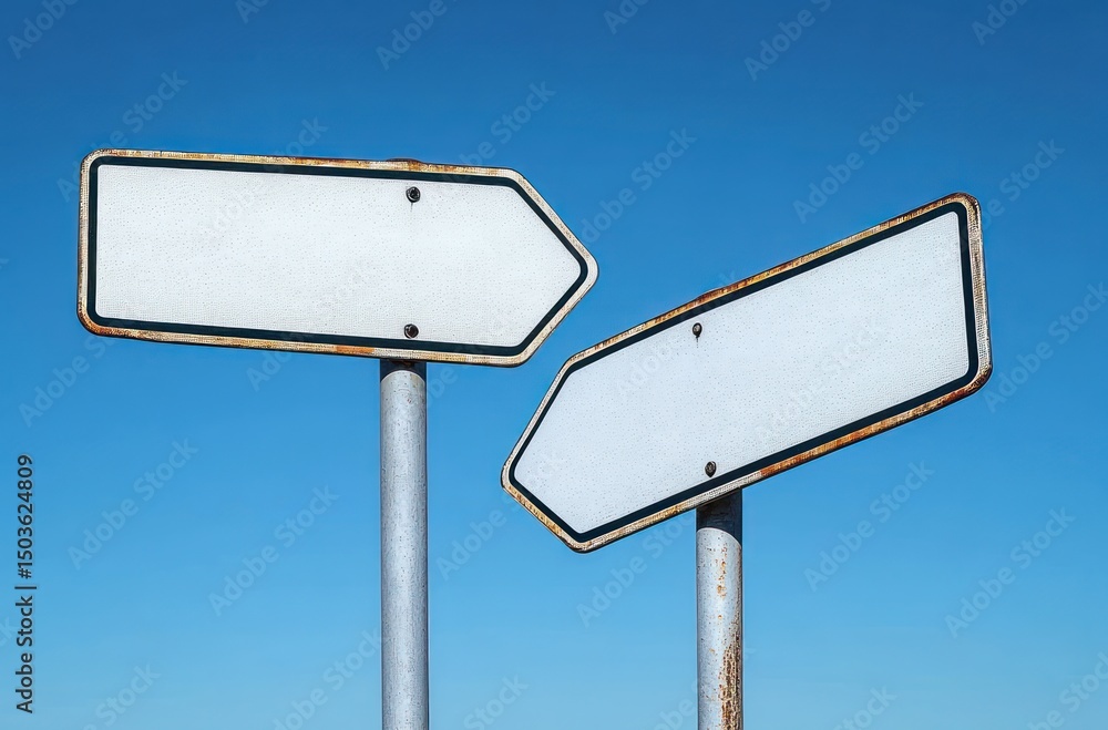 Two blank rusty metal directional signs pointing in opposite directions against a clear blue sky Two blank rusty metal directional signs pointing in opposite directions against a clear blue sky