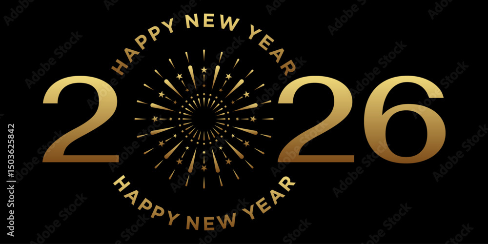 Fototapeta premium Luxury New Year 2026 Logo with Numbers and Gold Fireworks New Year Greeting Card. Event , Celebration