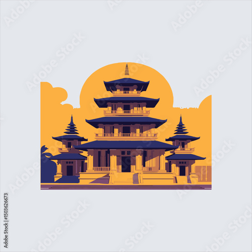 Traditional Asian Temple Vector Illustration,
Ancient Pagoda Architecture Design,
Flat Style Oriental Temple Building,
Historic Multilevel Pagoda Vector Art,
Asian Cultural Heritage Temple Design,