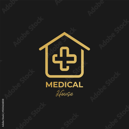 Golden medical house logo design. House with cross plus sign combination for healthcare and medical logos.