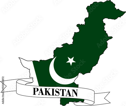 The map of Pakistan overlaid with the Pakistani flag and its name written on a ribbon