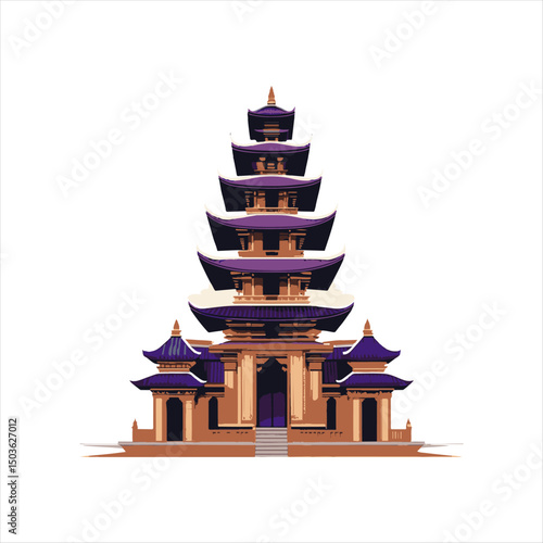 Traditional Asian Temple Vector Illustration,
Ancient Pagoda Architecture Design,
Flat Style Oriental Temple Building,
Historic Multilevel Pagoda Vector Art,
Asian Cultural Heritage Temple Design,