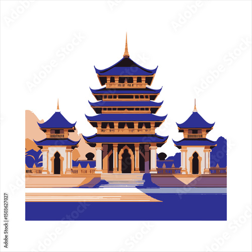Traditional Asian Temple Vector Illustration,
Ancient Pagoda Architecture Design,
Flat Style Oriental Temple Building,
Historic Multilevel Pagoda Vector Art,
Asian Cultural Heritage Temple Design,