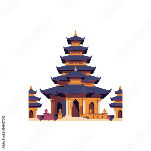 Traditional Asian Temple Vector Illustration,
Ancient Pagoda Architecture Design,
Flat Style Oriental Temple Building,
Historic Multilevel Pagoda Vector Art,
Asian Cultural Heritage Temple Design,