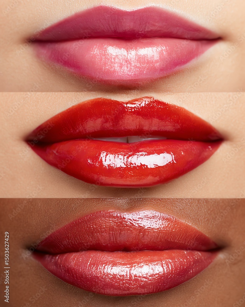 Fototapeta premium Glossy lips lipstick swatches for beauty branding Showcasing various shades of vibrant lip colors, highlighting beauty and fashion trends in a vivid display.