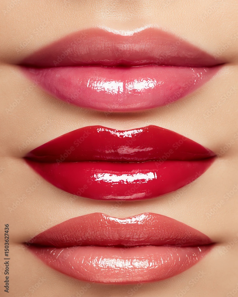 Obraz premium Glossy lips lipstick swatches for beauty branding Stylish lip colors displayed in an artistic arrangement, showcasing a range of vibrant shades for beauty and fashion.