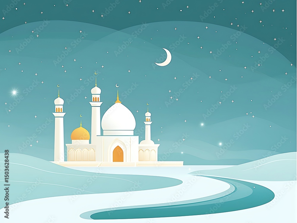 Naklejka premium Night Mosque with Winter Landscape.