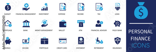 Personal finance best icon set. A clean vector collection of icons covering bank, loan, tax, budget, wallet, credit card, savings, investment, debt, income, and financial management.