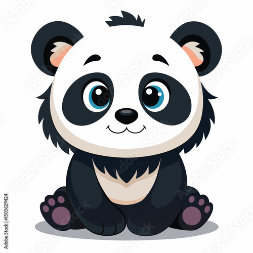 A fluffy baby panda with black and white fur sits and looks forward with a sweet expression
 with white background