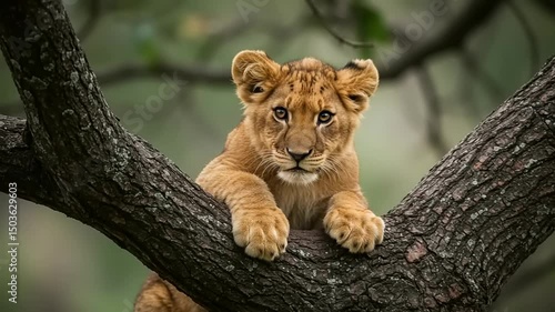 Young lion cub resting on a tree branch, surrounded by lush greenery in a serene wildlife setting