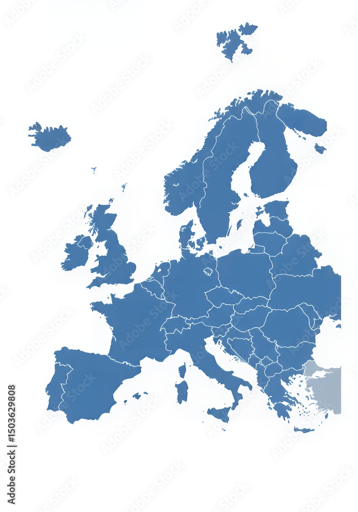 Fototapeta premium Detailed Map of Europe's Countries in a Light Blue Shade