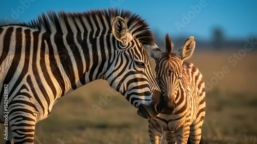 A mother zebra affectionately nuzzles her young calf in a sunlit savanna, showcasing their bond