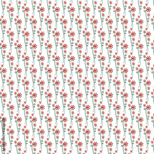 Repeated pattern of red flowers on green stems with spiraling details over a white background