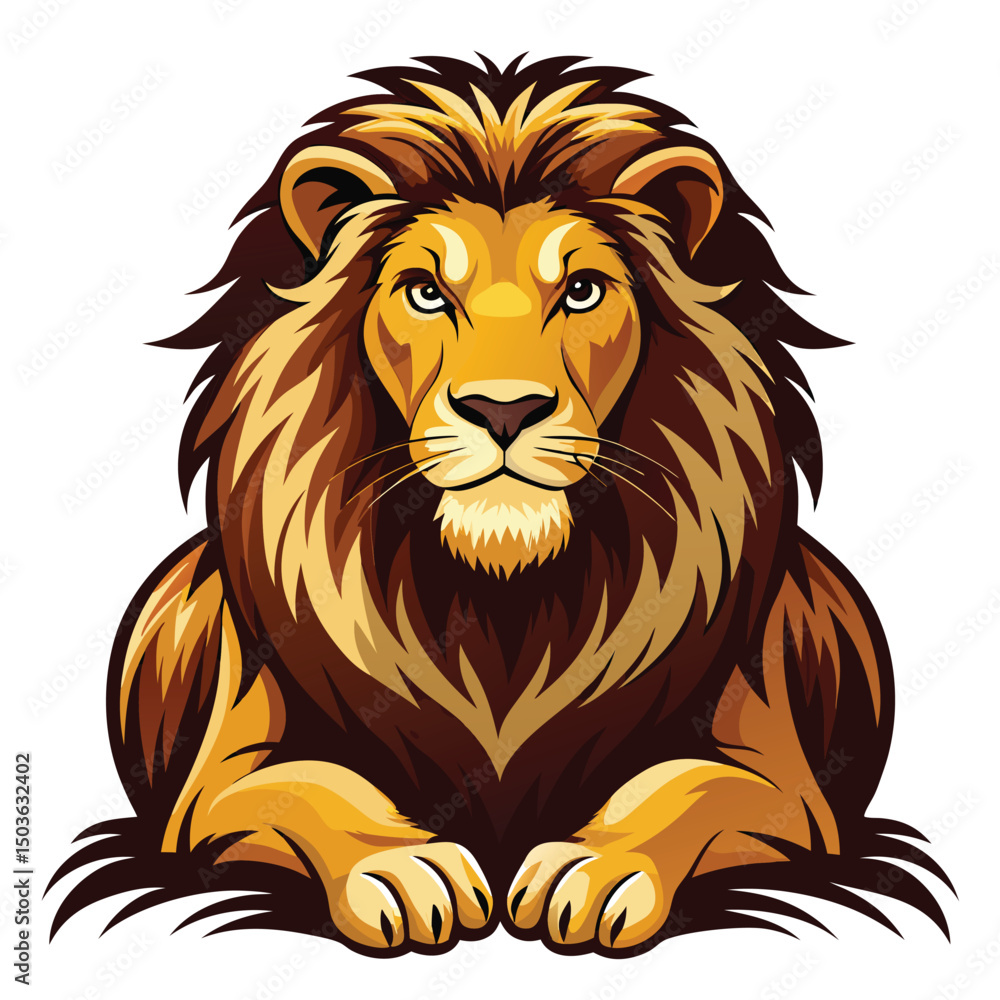 Fototapeta premium A majestic lion with a thick, dark mane rests with its front paws crossed with white background