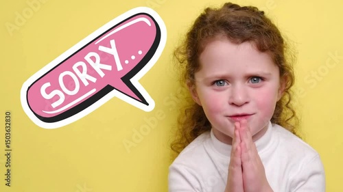 The word is sorry, to be guilty and to ask for forgiveness, apologies, Cute adorable little girl pleads about something, yellow background. video