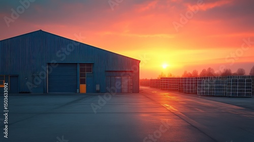 Industrial warehouse at sunset with vibrant sky and concrete surface